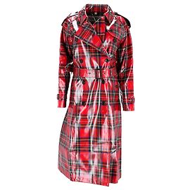 Burberry Plaid Belted Double-Breasted Trench Coat in Red Patent Wool Red