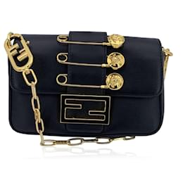 Autre Marque-Fendi x Versace Black Leather Mini Brooch Baguette Bag-Black