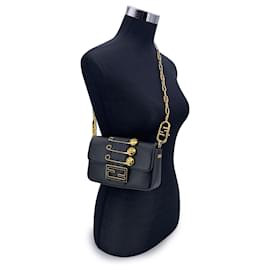 Autre Marque-Fendi x Versace Black Leather Mini Brooch Baguette Bag-Black