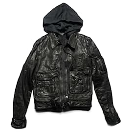 Neil Barrett-Leather jacket hoodie-Black
