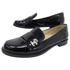 Chanel-CHANEL SHOES G30708 LOAFERS CC LOGO TIMELESS 41 PATENT LEATHER SHOES-Black
