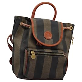 Fendi-FENDI Pecan Canvas Backpack Brown Black gold Auth BD579-Brown,Black,Golden