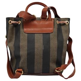 Fendi-FENDI Pecan Canvas Backpack Brown Black gold Auth BD579-Brown,Black,Golden