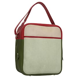 Hermès-HERMES Victoria Square Hand Bag Coated Canvas Leather Beige Red gold Auth am7833-Rouge,Beige,Doré