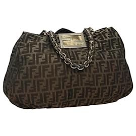 Fendi-FENDI Zucca Canvas Chain Tote Bag Brown Black gold Auth BA393-Brown,Black,Golden