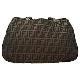 Fendi-FENDI Zucca Canvas Chain Tote Bag Brown Black gold Auth BA393-Brown,Black,Golden