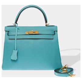 Hermès-HERMES Kelly 28 Bag in Blue Leather - 102537-Blue