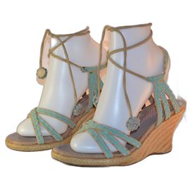 Anya Hindmarch wedge sandals beige turquoise cloth size 36 Beige Turquoise