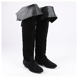 Céline-Celine Chat Botté Over-The-Knee Flat Boot in Suede Calfskin in Size 38 RM0220-Black