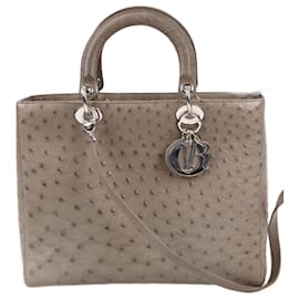 Dior-Christian Dior Ostrich Large Lady Dior 2Way Handbag in Olive Green-Brown