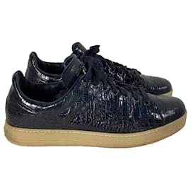 Tom Ford-Tom Ford Warwick Croc-Effect Sneakers in Navy Blue Leather-Blue,Navy blue
