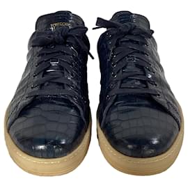 Tom Ford-Tom Ford Warwick Croc-Effect Sneakers in Navy Blue Leather-Blue,Navy blue
