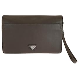 Prada-Prada Saffiano Triangle Logo Plate Clutch Bag-Brown