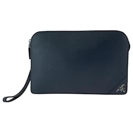 Prada-Prada Saffiano Logo Navy Clutch Bag-Navy blue