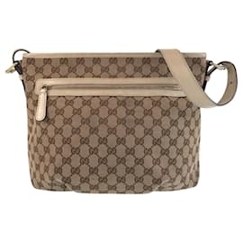Gucci-Gucci Beige Ivory GG Canvas Leather Messenger Bag-Beige,Cream
