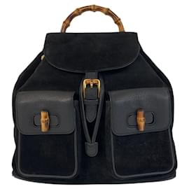 Gucci-Gucci Bamboo Black Gold Hardware Suede Leather Backpack-Black