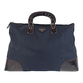 Prada-Prada Tessuto Triangle Logo Plate Tote Bag-Brown,Navy blue
