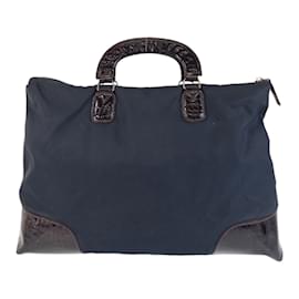 Prada-Prada Tessuto Triangle Logo Plate Tote Bag-Brown,Navy blue