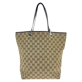 Gucci-Gucci Beige and Brown GG Canvas Leather Tote Bag-Brown,Beige