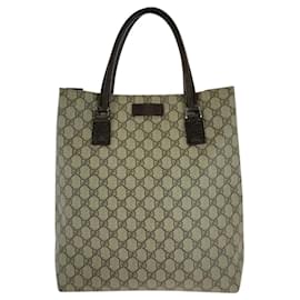 Gucci-Gucci Beige Brown GG Supreme Canvas Leather Tote Bag-Brown,Beige
