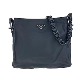 Prada-Prada Tessuto Triangle Logo Plate Shoulder Bag-Black
