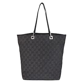Gucci-Gucci Black GG Canvas Leather Tote Bag-Black