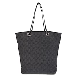 Gucci-Gucci Black GG Canvas Leather Tote Bag-Black