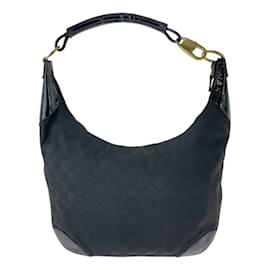 Gucci-Gucci Black GG Canvas Leather Shoulder Bag-Black