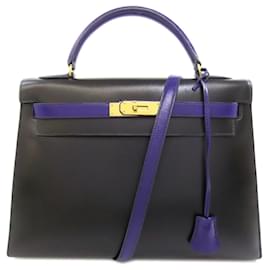 Hermès-Hermes Kelly 32 Handbag in Box Calf Leather-Black,Blue