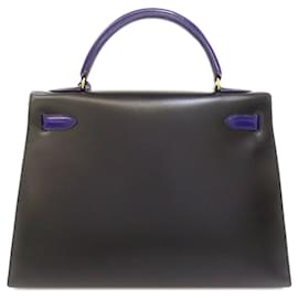 Hermès-Sac à main Hermes Kelly 32 en cuir box calf-Noir,Bleu