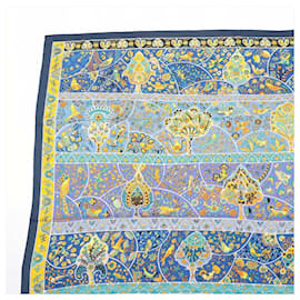 Hermès-Écharpe Hermes Carre Geant 140 Au Pays des Oiseaux Fleurs-Bleu