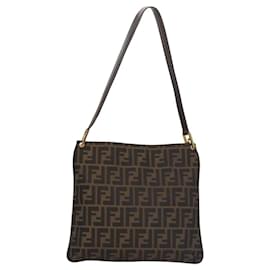 Fendi-FENDI Zucca Canvas Shoulder Bag Brown Black gold Auth ep7509-Brown,Black,Golden