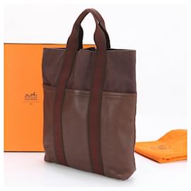 Hermès-Hermes Foultou Cabas Leather x Canvas Shoulder Bag-Brown