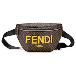 Fendi-Fendi Brown Shiny Glazed Fabric Vitello Cover FF 1974 Logo Belt Bag-Brown