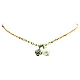 Louis Vuitton-Louis Vuitton Gold Gold Plated Damier Monogram Charm Faux Pearl Pendant Necklace-Other