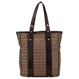 Fendi-Fendi Brown Zucchino Canvas Tote-Brown,Beige