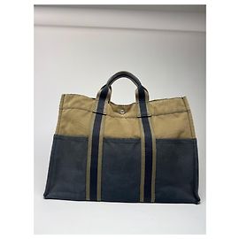 Bolso de compras de lona vintage Hermès París caqui/negro Verde