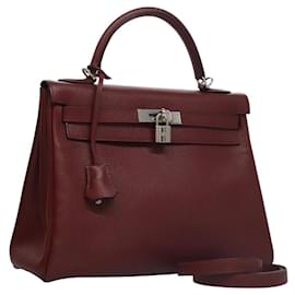 Hermès-HERMES Kelly 28 Hand Bag Leather 2way Wine Red Silver Auth PP220A-Silvery,Dark red