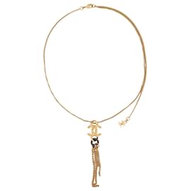 Chanel-CHANEL NECKLACE CC LOGO PENDANT AND DANGLE CHAINS GOLD METAL-Golden