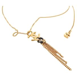 Chanel-CHANEL NECKLACE CC LOGO PENDANT AND DANGLE CHAINS GOLD METAL-Golden