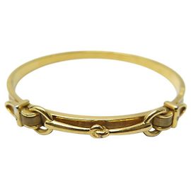 Hermès VINTAGE BRACELET HERMES JONC MORS METAL DORE & CUIR CROCODILE BEIGE 17 CM BANGLE Doré