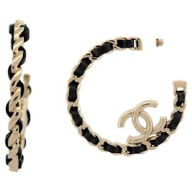 Chanel-CHANEL HOOP EARRINGS CC LOGO & INTERLACED LEATHER 2022-Golden