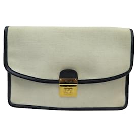 Céline-VINTAGE CELINE ENVELOPE POUCH TRIOMPHE CLOSURE CANVAS POUCH HAND BAG-Beige