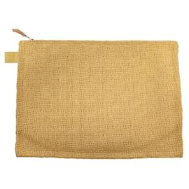 Hermès-POCHETTE HERMES TROUSSE FLAT MM SAC ZIPE 28.5CM EN RAPHIA BEIGE POUCH BAG-Beige