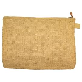 Hermès-POCHETTE HERMES TROUSSE FLAT MM SAC ZIPE 28.5CM EN RAPHIA BEIGE POUCH BAG-Beige