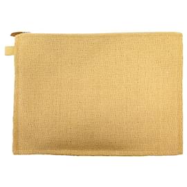 Hermès-POCHETTE HERMES TROUSSE FLAT GM SAC ZIPE 36CM EN RAPHIA BEIGE POUCH BAG-Beige
