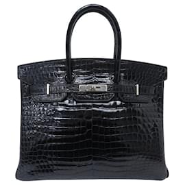 Hermès-HERMES BIRKIN 35 2008 BLACK POROSUS CROCODILE LEATHER & PALLADIUM PURSE-Black