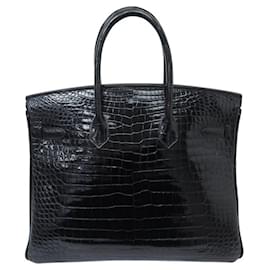 Hermès-SAC A MAIN HERMES BIRKIN 35 2008 EN CUIR CROCODILE POROSUS NOIR & PALLADIE PURSE-Noir