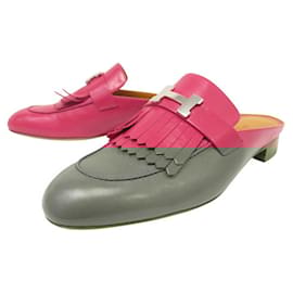 Hermès-NEUF CHAUSSURES HERMES MULES RIVOLI H181066Z SANDALES 41 EN CUIR ROSE SHOES-Rose