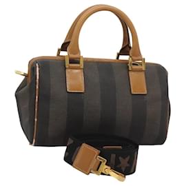 Fendi-Sac à main FENDI en toile Pecan 2 voies marron noir or Auth BD551-Marron,Noir,Doré
